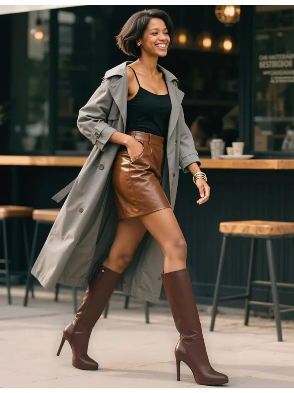 Women's Brown Pu2 Round Toe Stiletto Heels Fall Tall Platforms Boots Side Zipper